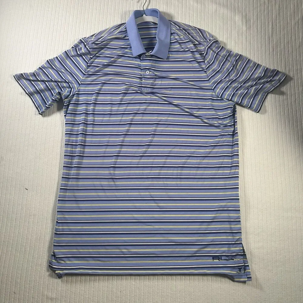 Ralph Lauren RLX Performance Polo Men's Large Blue & Yellow Stripe Golf Wicking